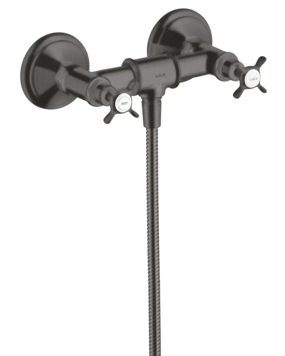 Axor Brausearmatur mit zwei Kreuzgriffen für die Steuerung von heißem und kaltem Wasser, in Brushed Black Chrome. Aufputzmontage, verchromter Brauseschlauch sichtbar.